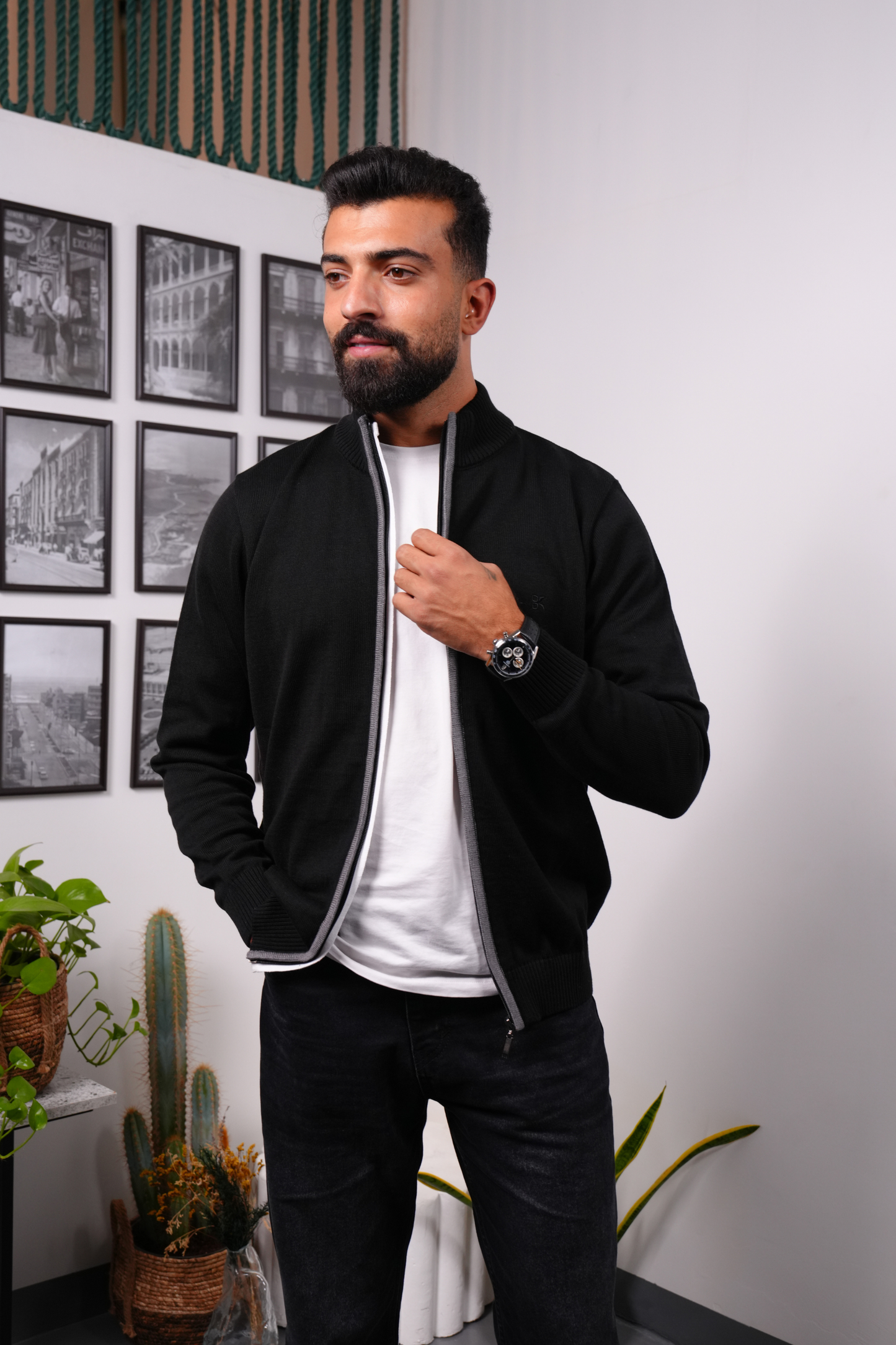 Zip-Up Knitted Sweater - Black