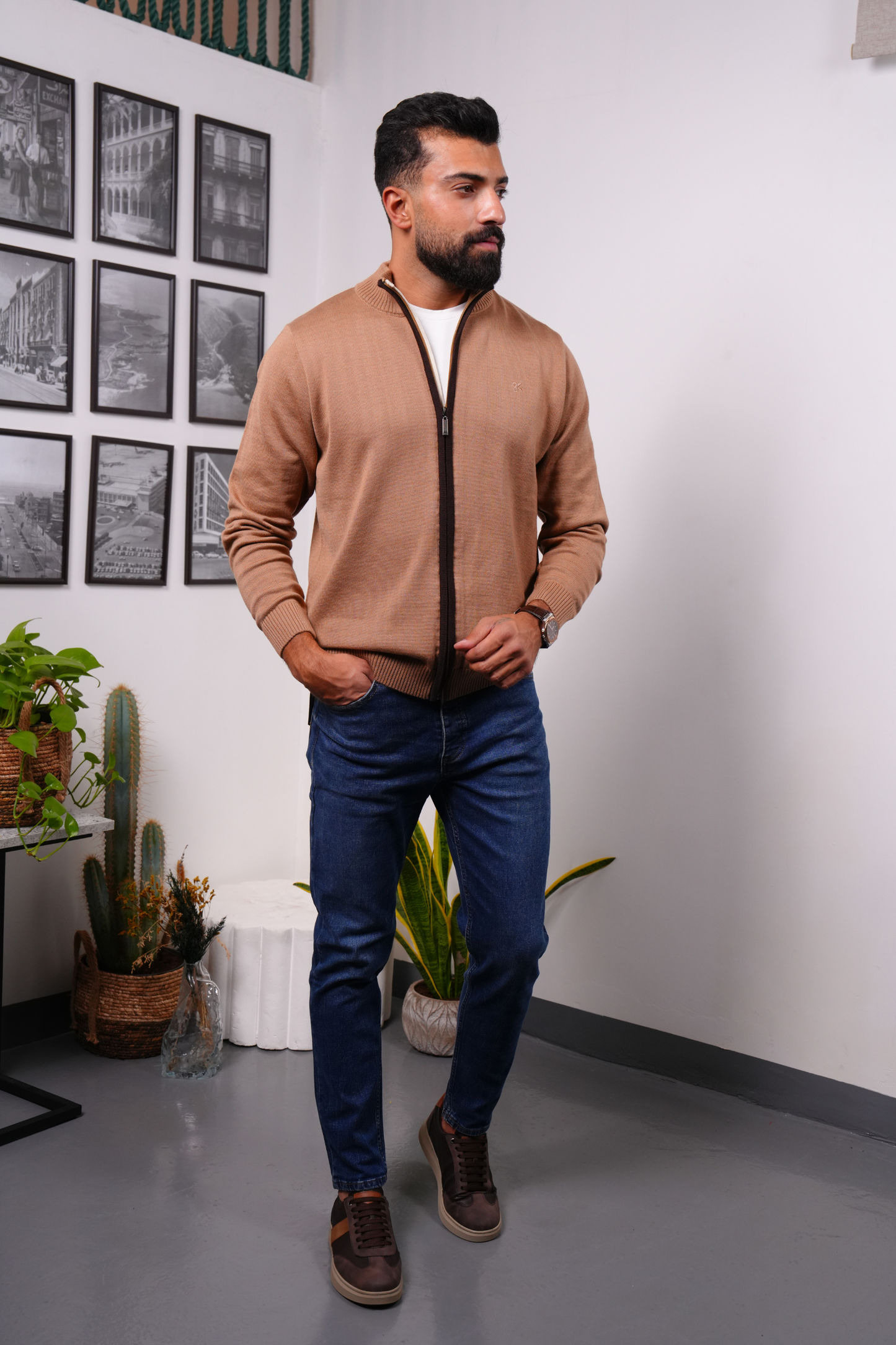 Zip-Up Knitted Sweater - Cafe