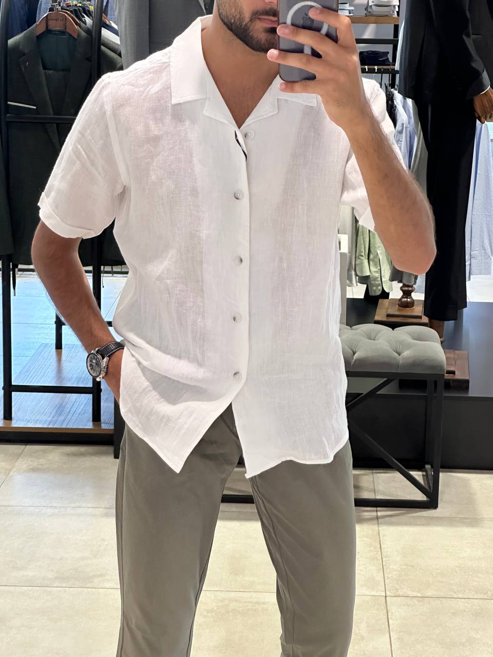 Half Sleeve Lenin Shirt - White