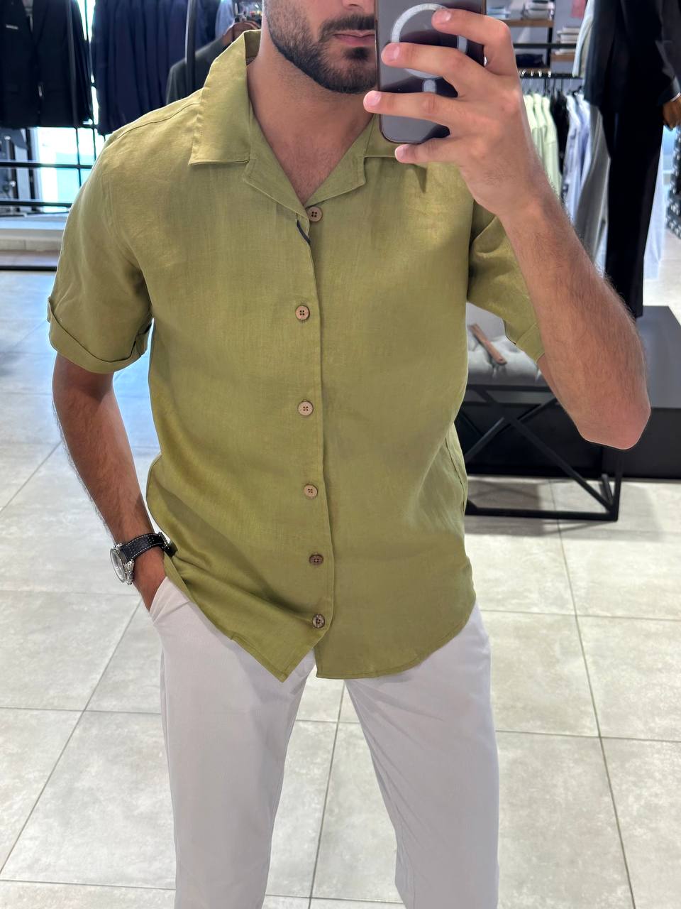 Half Sleeve Lenin Shirt - Moss Green