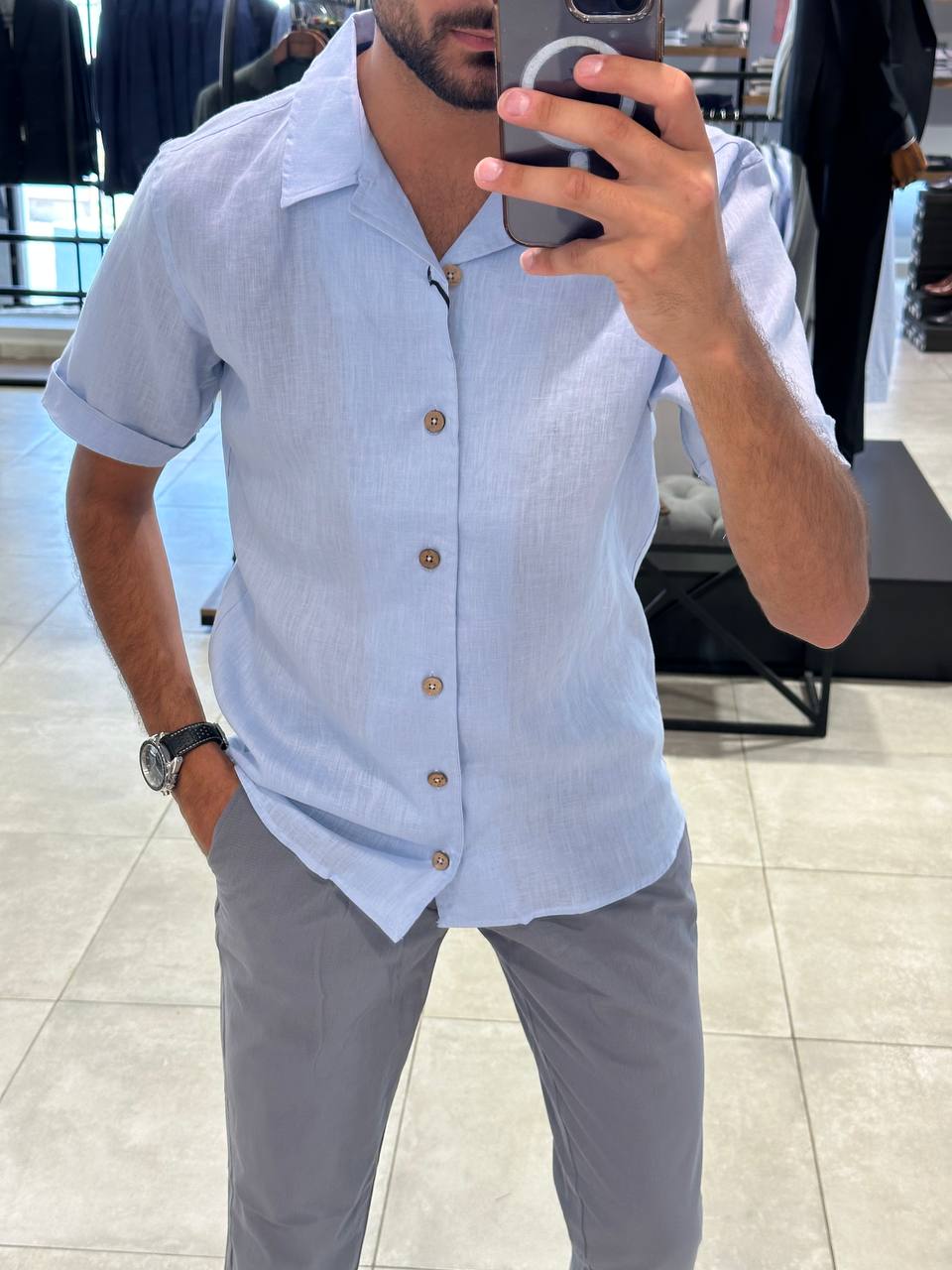 Half Sleeve Lenin Shirt - Baby Blue