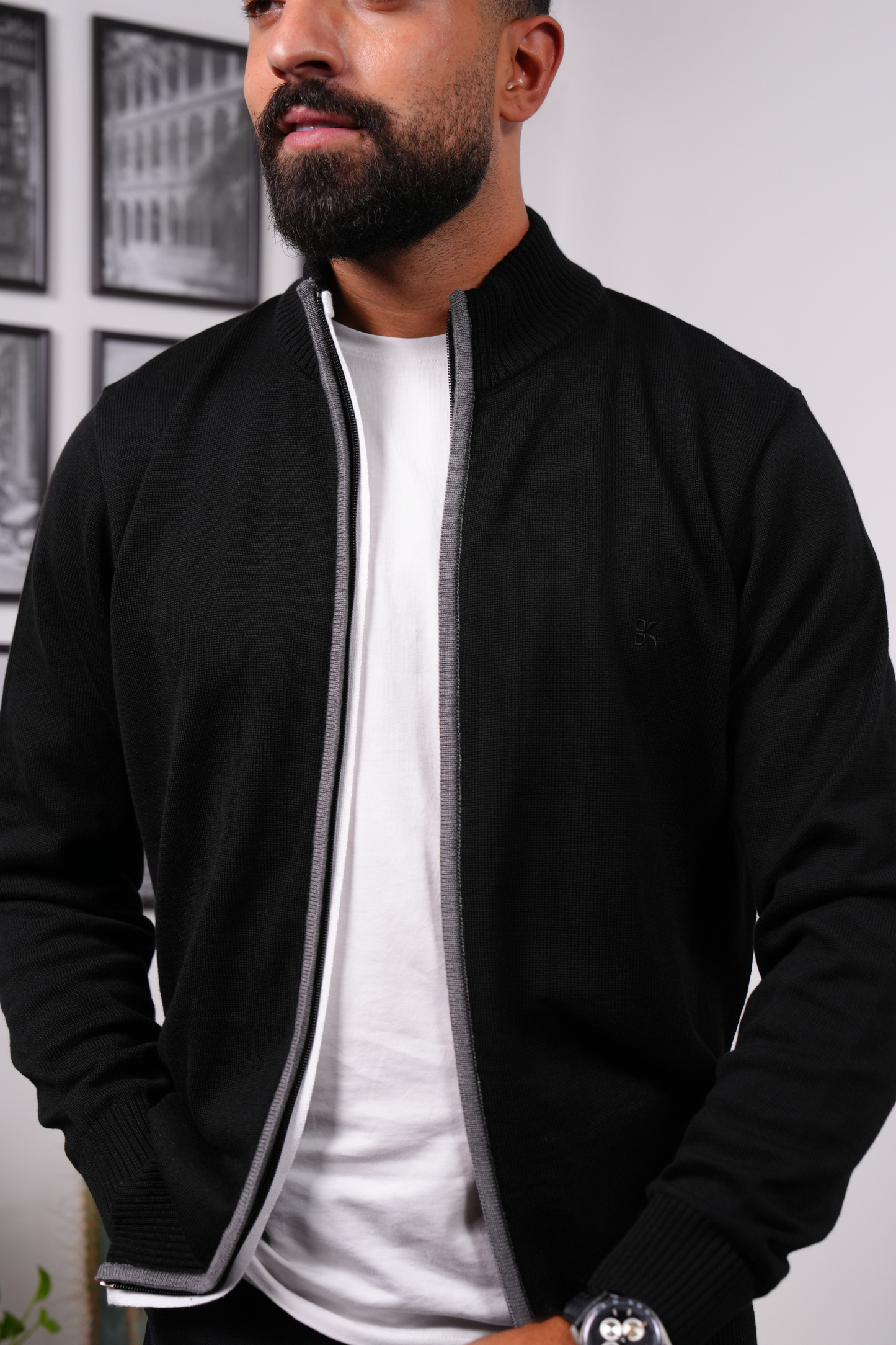 Zip-Up Knitted Sweater - Black