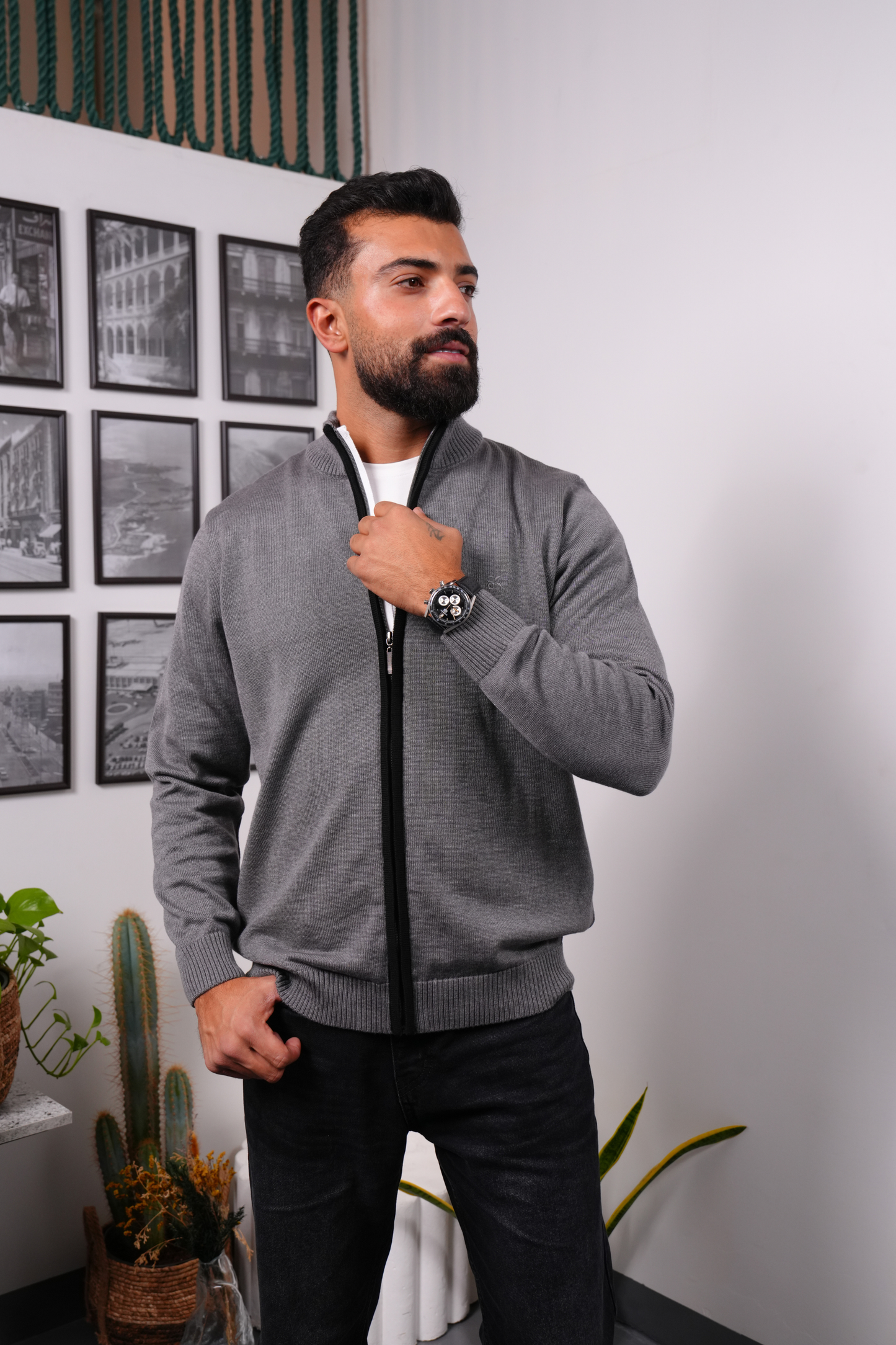 Zip-Up Knitted Sweater - Grey