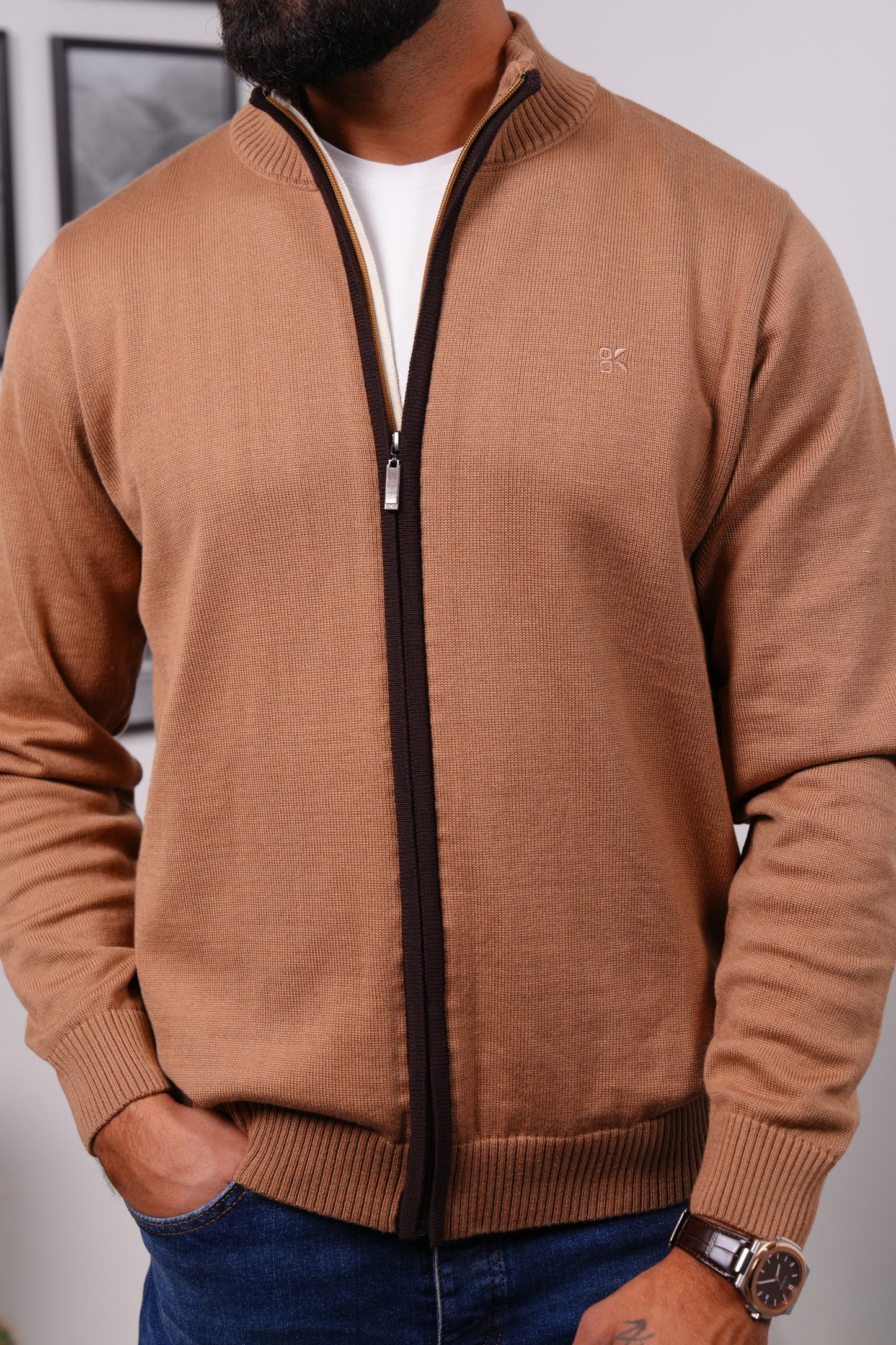 Zip-Up Knitted Sweater - Cafe