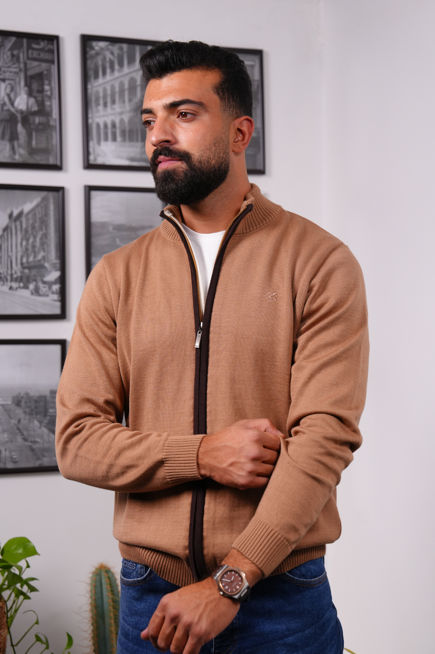 Zip-Up Knitted Sweater - Cafe