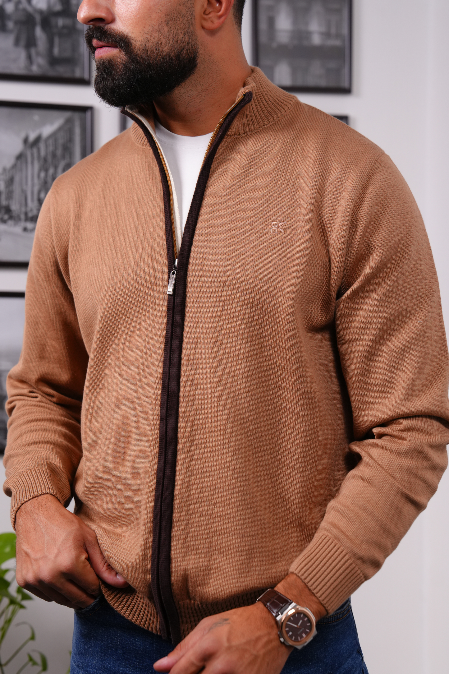 Zip-Up Knitted Sweater - Cafe