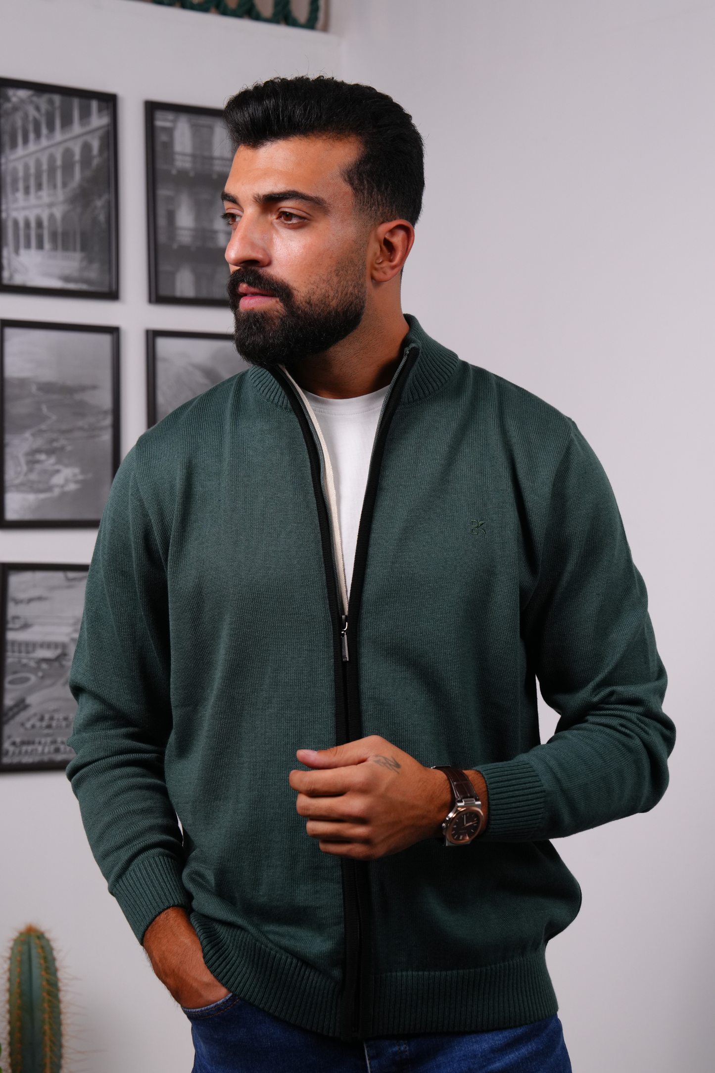 Zip-Up Knitted Sweater - Olive