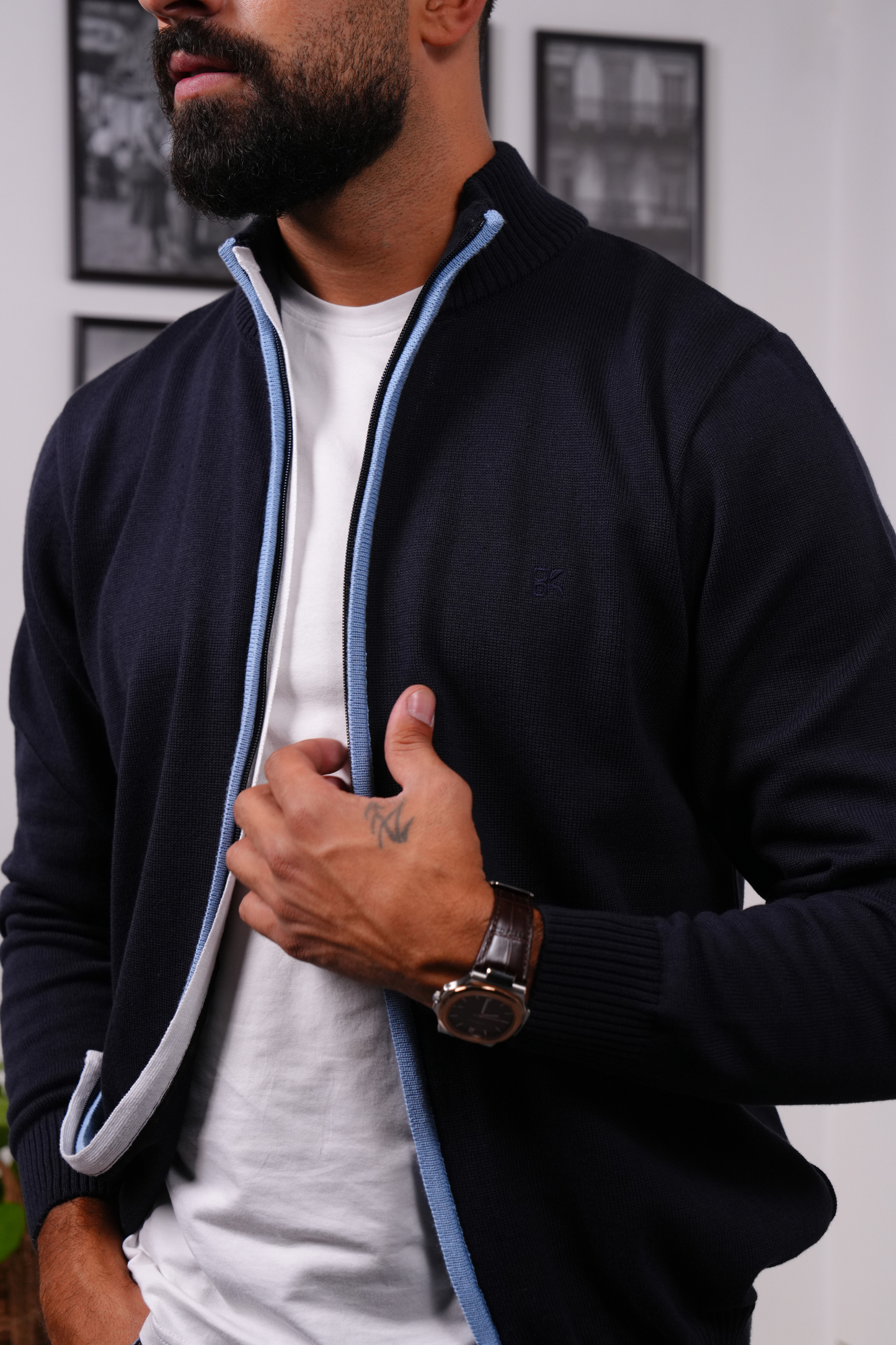 Zip-Up Knitted Sweater - Navy